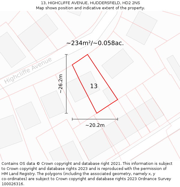 13, HIGHCLIFFE AVENUE, HUDDERSFIELD, HD2 2NS: Plot and title map