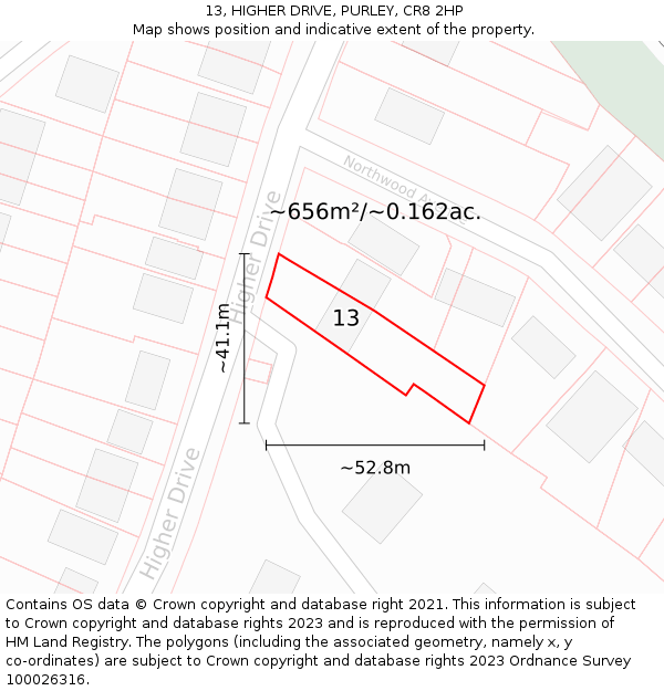 13, HIGHER DRIVE, PURLEY, CR8 2HP: Plot and title map