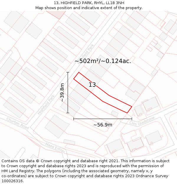 13, HIGHFIELD PARK, RHYL, LL18 3NH: Plot and title map