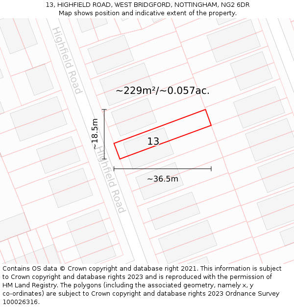 13, HIGHFIELD ROAD, WEST BRIDGFORD, NOTTINGHAM, NG2 6DR: Plot and title map