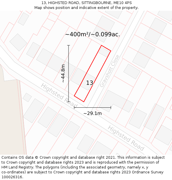 13, HIGHSTED ROAD, SITTINGBOURNE, ME10 4PS: Plot and title map