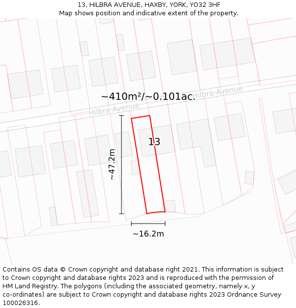 13, HILBRA AVENUE, HAXBY, YORK, YO32 3HF: Plot and title map