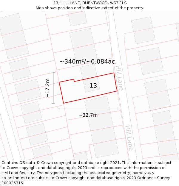 13, HILL LANE, BURNTWOOD, WS7 1LS: Plot and title map