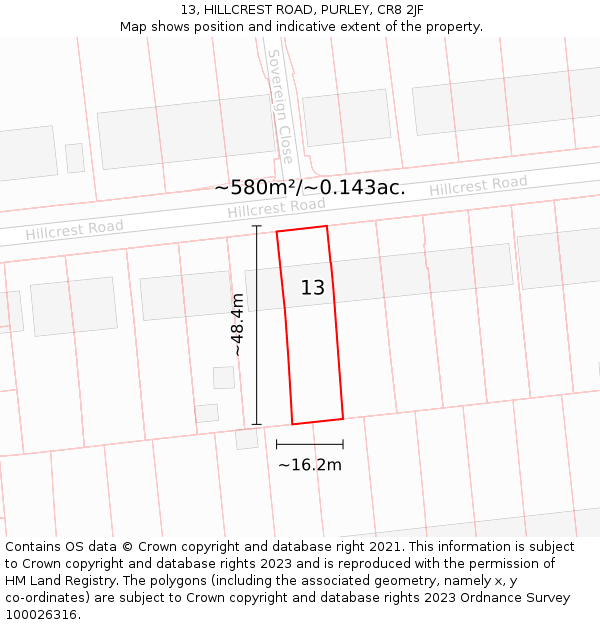 13, HILLCREST ROAD, PURLEY, CR8 2JF: Plot and title map