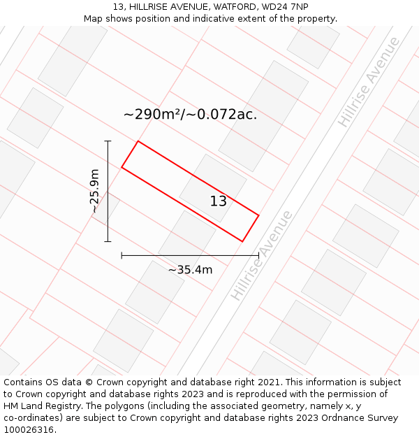 13, HILLRISE AVENUE, WATFORD, WD24 7NP: Plot and title map