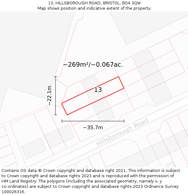 13, HILLSBOROUGH ROAD, BRISTOL, BS4 3QW: Plot and title map