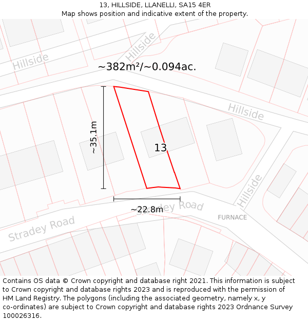 13, HILLSIDE, LLANELLI, SA15 4ER: Plot and title map