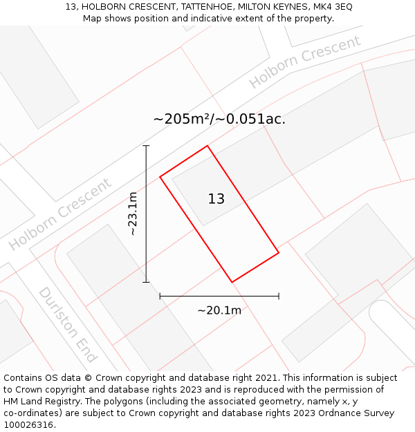 13, HOLBORN CRESCENT, TATTENHOE, MILTON KEYNES, MK4 3EQ: Plot and title map