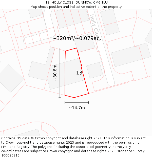 13, HOLLY CLOSE, DUNMOW, CM6 1LU: Plot and title map