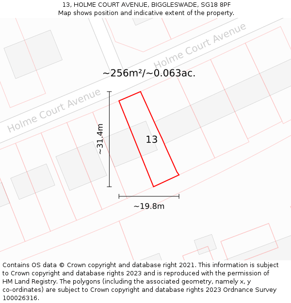 13, HOLME COURT AVENUE, BIGGLESWADE, SG18 8PF: Plot and title map