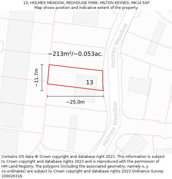 13, HOLMES MEADOW, REDHOUSE PARK, MILTON KEYNES, MK14 5GF: Plot and title map