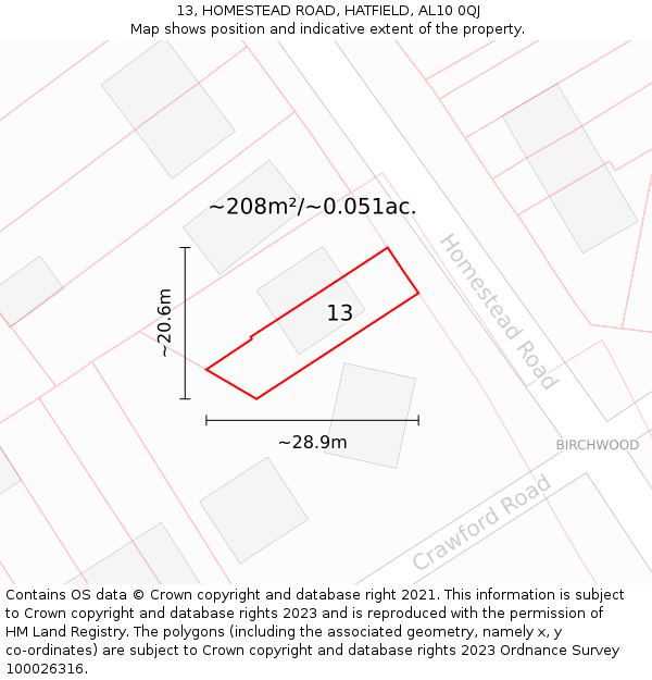 13, HOMESTEAD ROAD, HATFIELD, AL10 0QJ: Plot and title map