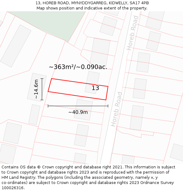 13, HOREB ROAD, MYNYDDYGARREG, KIDWELLY, SA17 4PB: Plot and title map