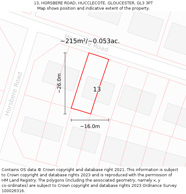 13, HORSBERE ROAD, HUCCLECOTE, GLOUCESTER, GL3 3PT: Plot and title map