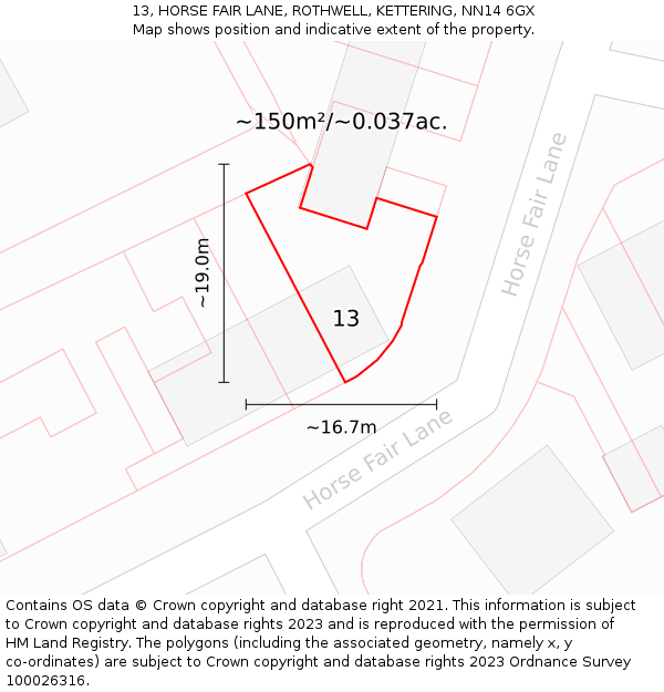 13, HORSE FAIR LANE, ROTHWELL, KETTERING, NN14 6GX: Plot and title map