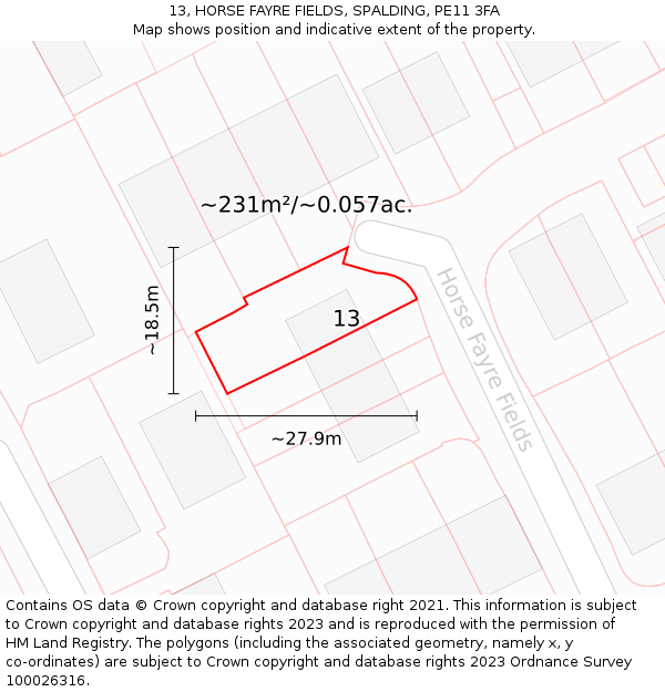 13, HORSE FAYRE FIELDS, SPALDING, PE11 3FA: Plot and title map