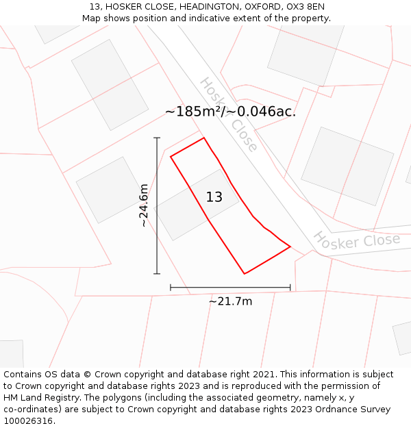 13, HOSKER CLOSE, HEADINGTON, OXFORD, OX3 8EN: Plot and title map