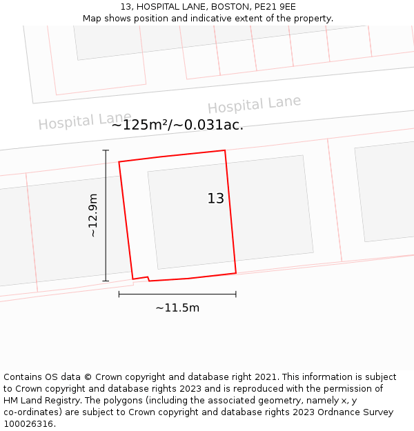 13, HOSPITAL LANE, BOSTON, PE21 9EE: Plot and title map