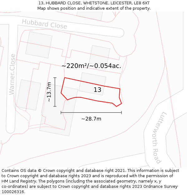 13, HUBBARD CLOSE, WHETSTONE, LEICESTER, LE8 6XT: Plot and title map
