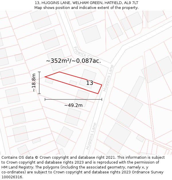 13, HUGGINS LANE, WELHAM GREEN, HATFIELD, AL9 7LT: Plot and title map
