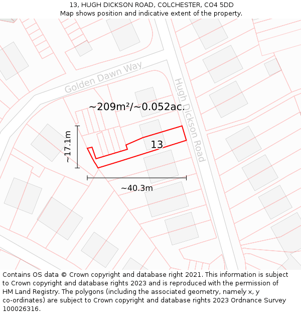 13, HUGH DICKSON ROAD, COLCHESTER, CO4 5DD: Plot and title map