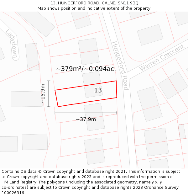 13, HUNGERFORD ROAD, CALNE, SN11 9BQ: Plot and title map