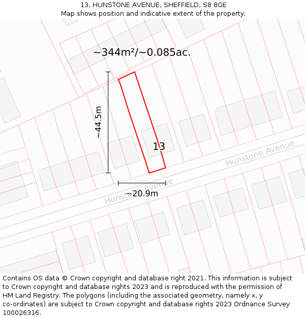 13, HUNSTONE AVENUE, SHEFFIELD, S8 8GE: Plot and title map