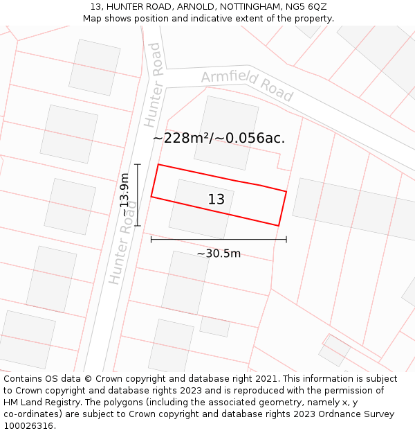 13, HUNTER ROAD, ARNOLD, NOTTINGHAM, NG5 6QZ: Plot and title map