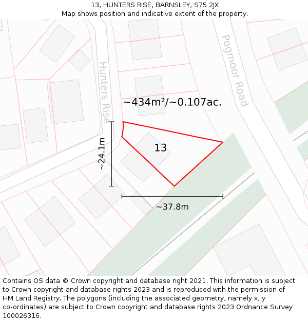 13, HUNTERS RISE, BARNSLEY, S75 2JX: Plot and title map