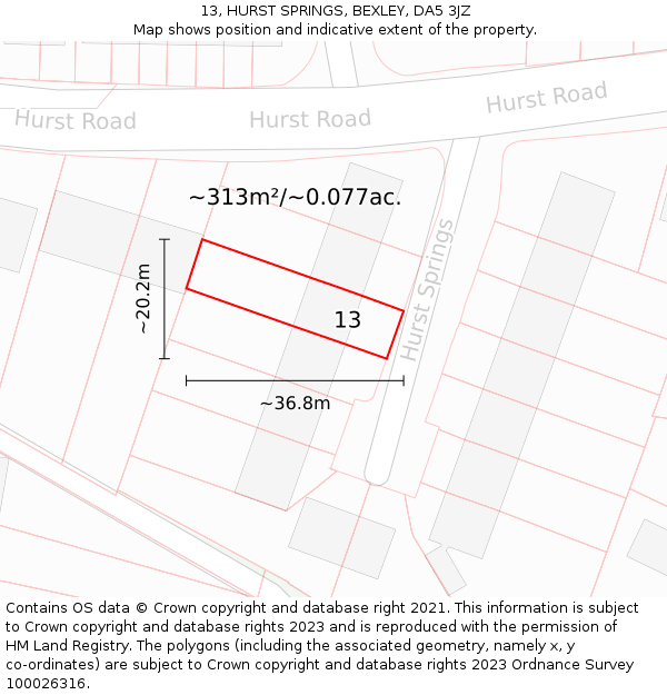 13, HURST SPRINGS, BEXLEY, DA5 3JZ: Plot and title map