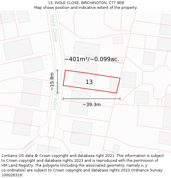 13, INGLE CLOSE, BIRCHINGTON, CT7 9EB: Plot and title map