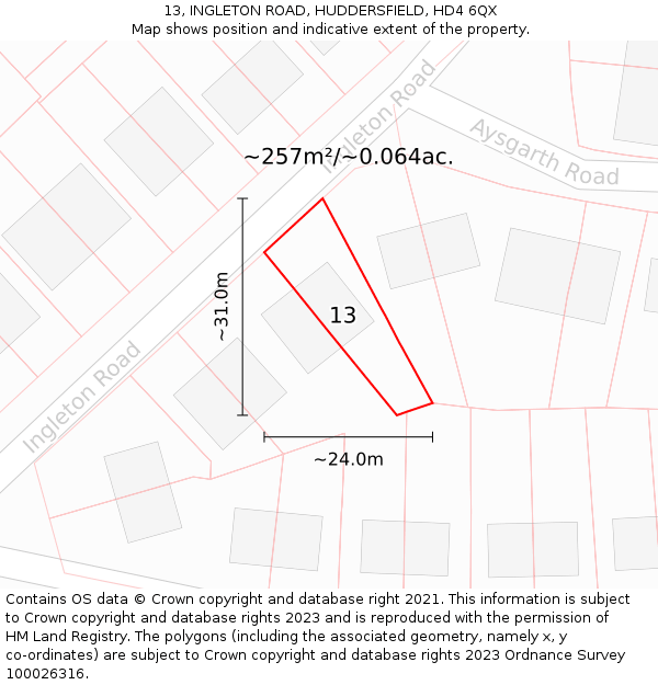 13, INGLETON ROAD, HUDDERSFIELD, HD4 6QX: Plot and title map