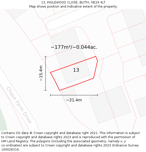 13, INGLEWOOD CLOSE, BLYTH, NE24 4LT: Plot and title map