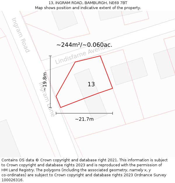 13, INGRAM ROAD, BAMBURGH, NE69 7BT: Plot and title map