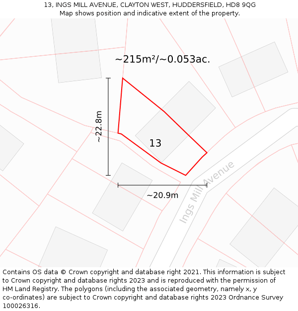 13, INGS MILL AVENUE, CLAYTON WEST, HUDDERSFIELD, HD8 9QG: Plot and title map