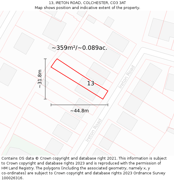 13, IRETON ROAD, COLCHESTER, CO3 3AT: Plot and title map