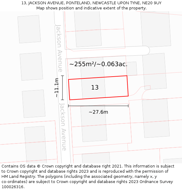 13, JACKSON AVENUE, PONTELAND, NEWCASTLE UPON TYNE, NE20 9UY: Plot and title map