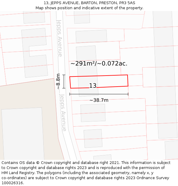 13, JEPPS AVENUE, BARTON, PRESTON, PR3 5AS: Plot and title map