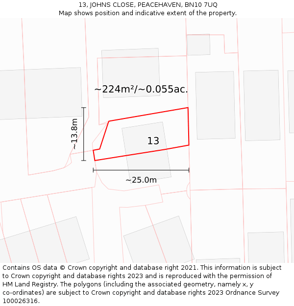 13, JOHNS CLOSE, PEACEHAVEN, BN10 7UQ: Plot and title map