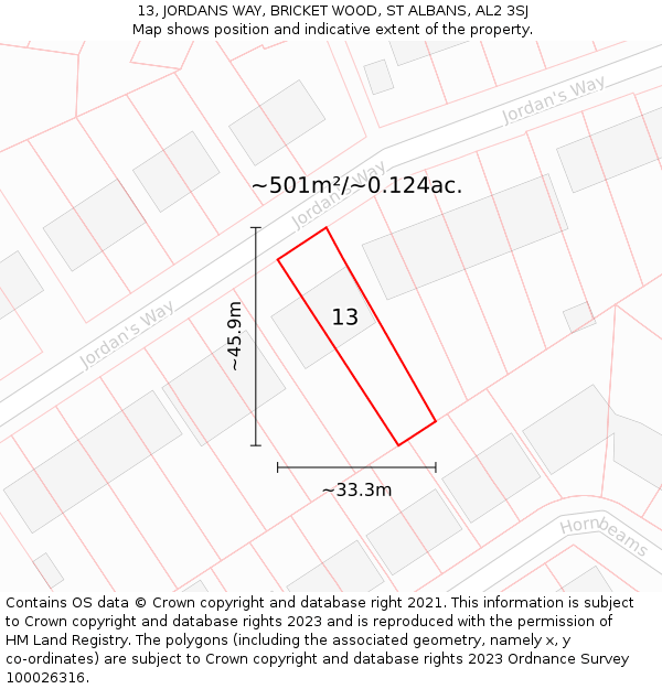 13, JORDANS WAY, BRICKET WOOD, ST ALBANS, AL2 3SJ: Plot and title map