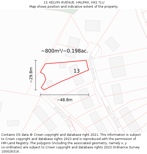 13, KELVIN AVENUE, HALIFAX, HX2 7LU: Plot and title map