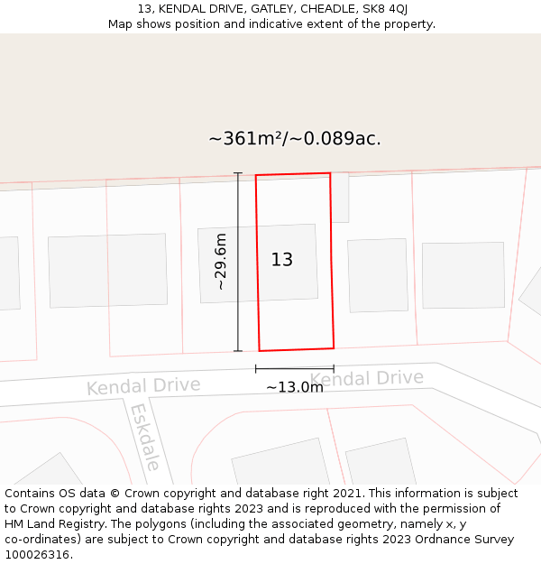 13, KENDAL DRIVE, GATLEY, CHEADLE, SK8 4QJ: Plot and title map