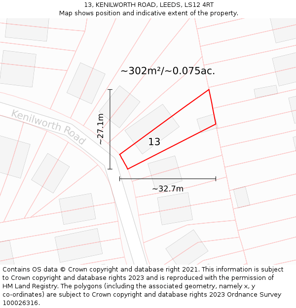 13, KENILWORTH ROAD, LEEDS, LS12 4RT: Plot and title map