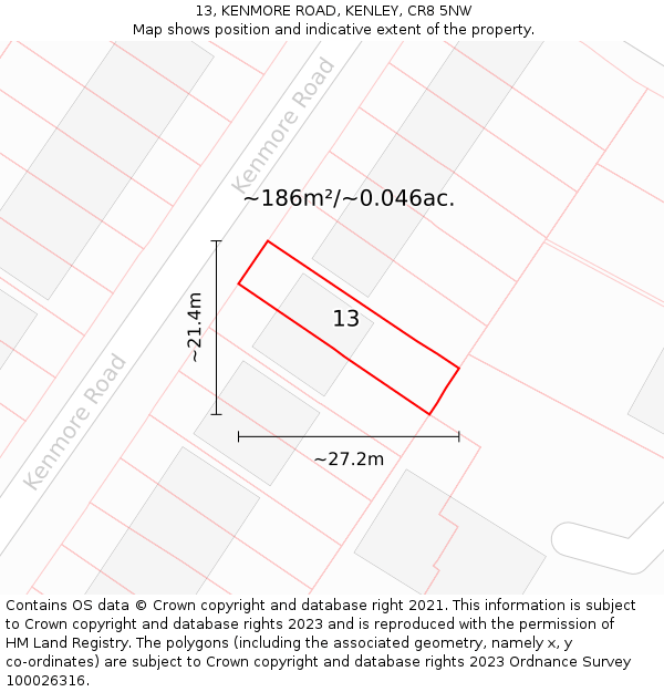 13, KENMORE ROAD, KENLEY, CR8 5NW: Plot and title map