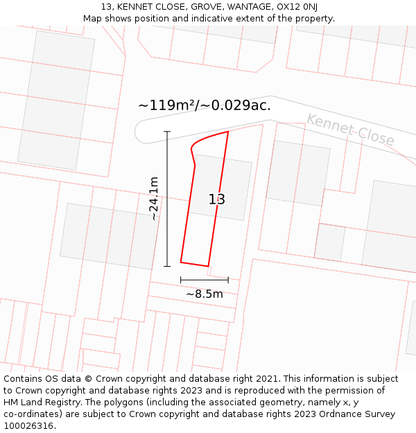 13, KENNET CLOSE, GROVE, WANTAGE, OX12 0NJ: Plot and title map