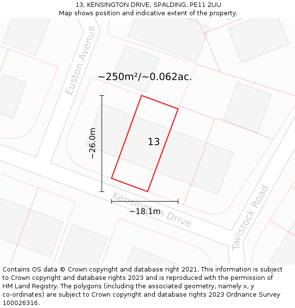 13, KENSINGTON DRIVE, SPALDING, PE11 2UU: Plot and title map