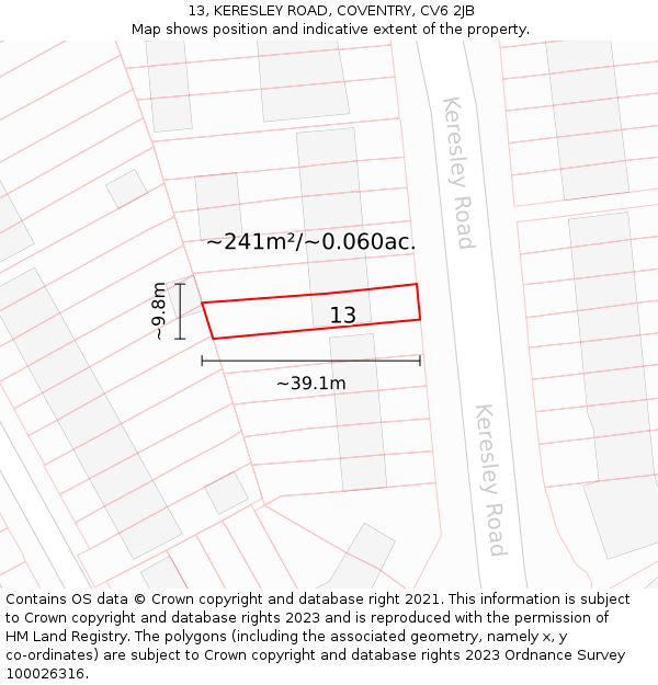 13, KERESLEY ROAD, COVENTRY, CV6 2JB: Plot and title map