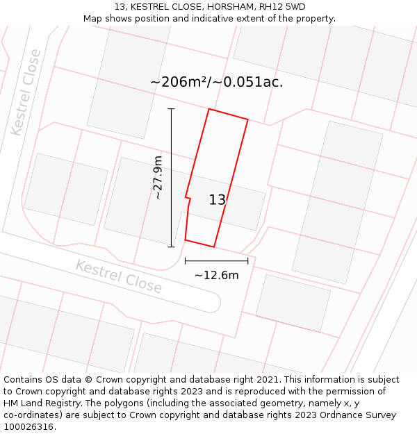 13, KESTREL CLOSE, HORSHAM, RH12 5WD: Plot and title map