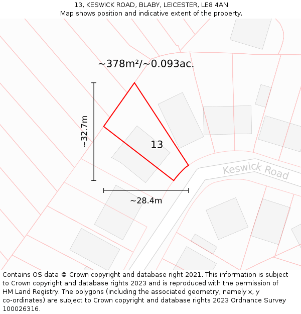 13, KESWICK ROAD, BLABY, LEICESTER, LE8 4AN: Plot and title map