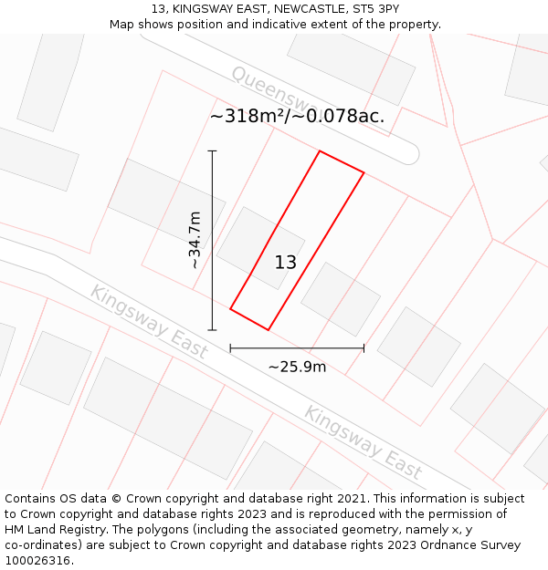 13, KINGSWAY EAST, NEWCASTLE, ST5 3PY: Plot and title map